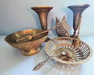 Vintage Brass Etched and Enamel Vases Bowls and Butterfly Decor