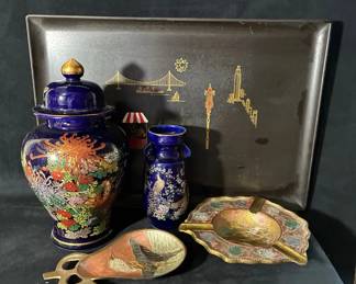 Cobalt Ginger Jar Vase Lacquer Tray and Brass Decor