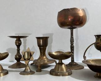 Brass Candleholders And Large Goblet