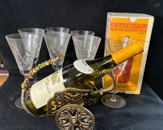 Wine Bottle Holder And Crystal Glasses