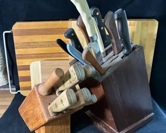 Assorted Kitchen Knives Wood Cutting Boards