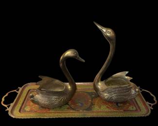 Brass Swans and Etched Brass Tray