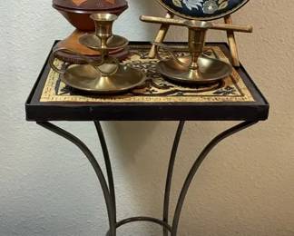 Ceramic Tile Side Table And Brass Candle Holders