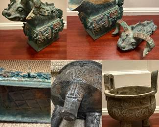  ancient China Chinese Bronze ware pattern 3 leg Incense Burner Censer Chinese archaistic bronze ritual vessel, likely styled after a zun (wine container) in the form of a ram