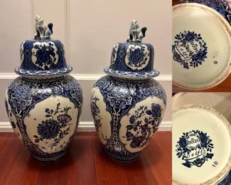 Delft  BLUE&WHITE PAIR OF GINGER JARS LIDDED VASES 18.5 INCHES Royal Sphinx BOCH