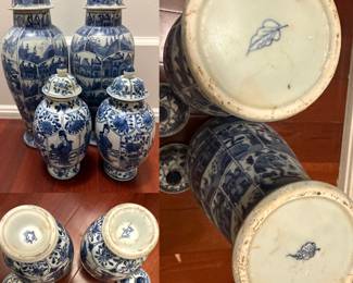 14” & 9” Pairs of Blue & White Vases