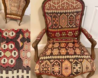 LOUIS XV STYLE KILIM UPHOLSTERED OPEN ARM CHAIR