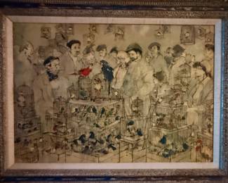 vintage artwork appears to be a framed art print titled "Pariser Vogelmarkt" (Paris Bird Market) by the artist Fritz Busse, likely published by Schuler Verlag 