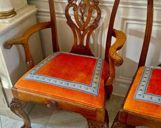 Gorgeous set of 8 antique Chippendale dining chairs with fabulous custom upholstery 