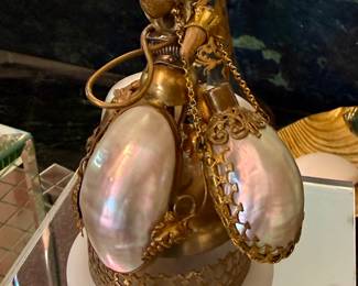 Table bell in alabaster, brass and mother-of-pearl