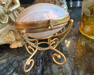 antique French Palais Royal mother-of-pearl egg jewelry casket or trinket box on a gilt metal stand
