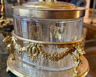 Cut Glass Covered Biscuit Box Gold Toned Metal Stand Fine Engraving