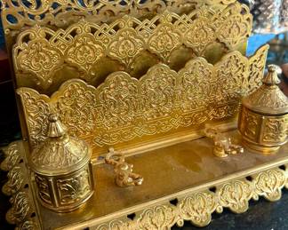 19th C French gilt bronze desk fold and ink stand