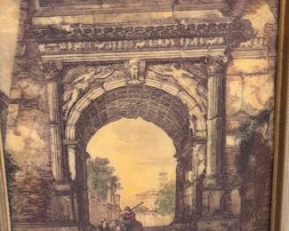 vintage framed engraving titled "Veduta dell'Arco di Tito" (View of the Arch of Titus) by Italian artist Luigi Rossini, originally published in 1819.  $70