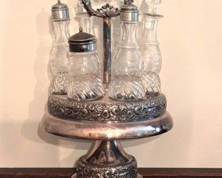 Antique silver plated cruet set with etched glass cruets