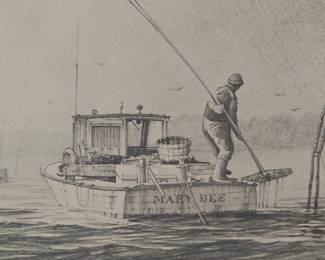 Framed print of John Barber etching "Chesapeake Oyster Tongers" 