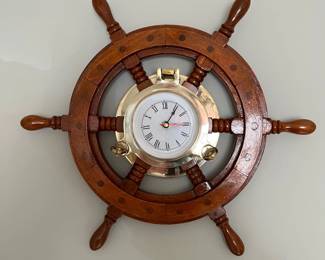 Wood and brass ship's wheel clock