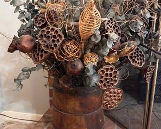 Vintage banded wooden bucket with faux flowers