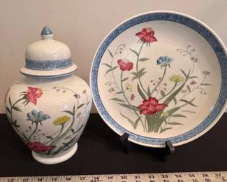 Hand painted ginger jar and plate, Andrea by Sadek