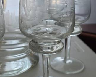 Vintage crystal decanter and goblet set, hand blown and etched in Romania