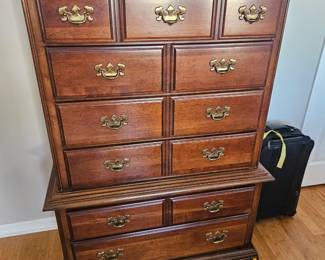 American Drew solid wood bedroom suite , tall dresser, 1 night stand, king headboard, make- up Vanity