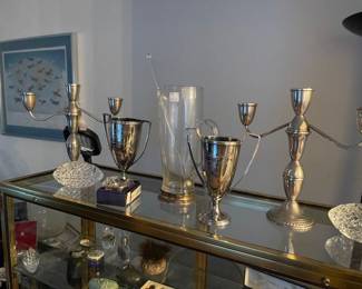 Sterling candlesticks, vintage trophies