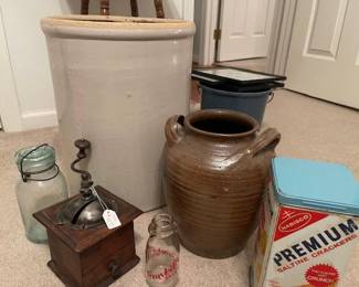 Crocks, tins, glass jars