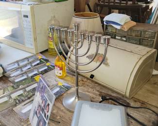 Menora and a vintage metal bread box