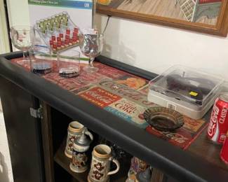 Retro bar, steins, glassware and bar accessories