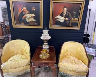 Tea table, occasional chairs, traditional art