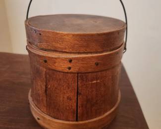 Antique Firkin Staved Wood Bucket Lid Sugar Bail Handle Bands Primitive Rare