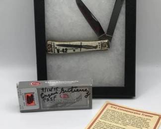 Case Trapper Natural Bone Handle Etched V-42 COA
Signed by Eugene Gutierrez, Jr. WW II- Congressional Gold Medal honoree and member of the U.S. - Canada First Special Service Force and WW II Veteran. Case xx 5 dot USA6254SS Shepherd Hills Exclusive The Devil's Brigade The First Special Forces
Case Trapper Natural Bone Handle Etched V42 COA