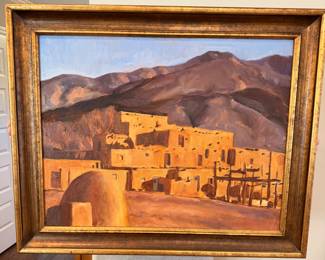 Original "Taos Pueblo with Mountains" framed art
