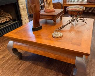 heavy teak wood square coffee table with metal details