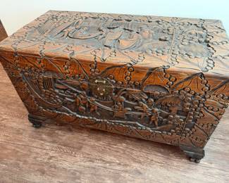 Antique Chinese carved camphor wood trunk