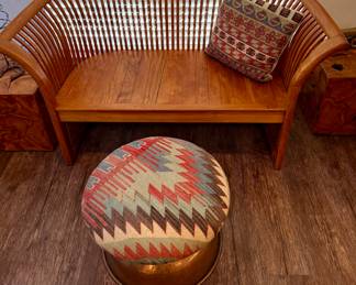 teak loveseat, vintage kilim ottoman with copper base