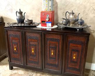 VINTAGE ASIAN STYLE BUFFET AND SILVERPLATE TEA SETS.