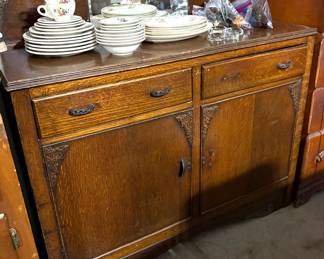 REALLY SWEET SMALL ANTIQUE SIDEBOARD. JUST NEEDS SOME HARDWARE PIECES.