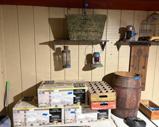 3 NEW IN BOX INDOOR/OUTDOOR CIELING FANS. RAILROAD LANTERN, VINTAGE BARREL, COKE CRATES AND MORE.