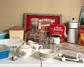 NICE COLLECTION OF VINTAGE ADVERTISING, PYREX AND MORE.  AUNT JEMIMA PANCAKE MIX BOXES ARE UNOPENED BUT NOT FOR CONSUMPTION!