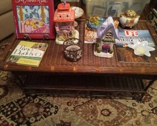 Wicker coffee table with cookbooks, Life magazines, village houses,  rug