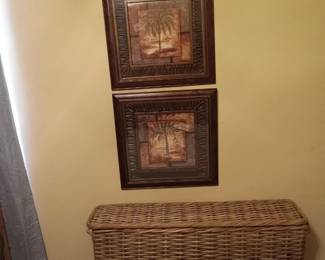 Wicker hamper basket with lid, framed tropical decor