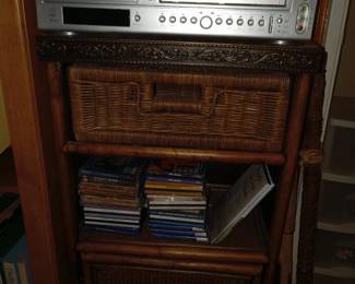 Electronics, CDs, wicker cabinet