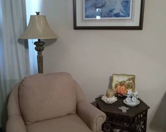 Rocker chair, octagonal table, decor, floor lamp 