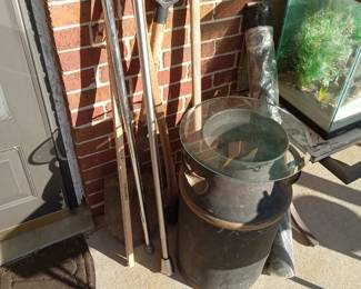 Vintage milk can, aquarium,  tools