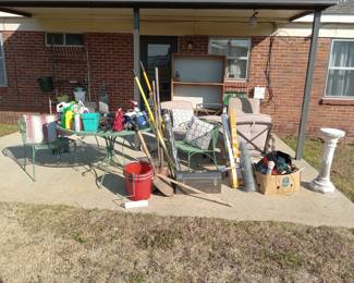 Various wrought iron furniture,  patio furniture, storage building items