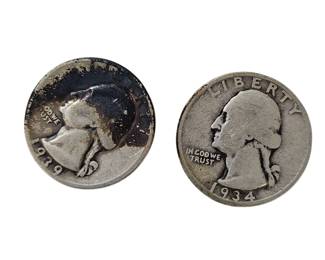 2 90% Silver Washington Quarters 1934 1939