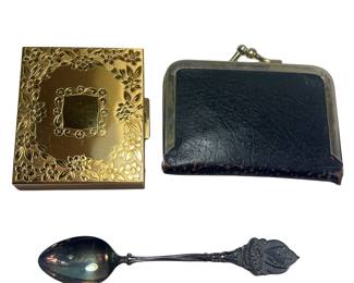 Vintage Ladies Sew Mending Purse Engraved Gold Compact Mirror Pill Box Spoon