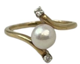 14K Ladies Pearl Ring Diamonds ~Sz 7 2.8g Jewelry <FFF>