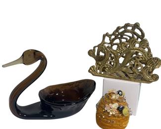 Viking Glass Amber Swan Candy Dish Brass Mail Bee Hive Pin Cushion